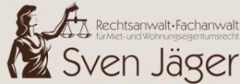 Illustration einer Justitia-Figur mit Waage, daneben der Text "Rechtsanwalt-Fachanwalt für Miet- und Wohnungseigentumsrecht" und der Name "Sven Jäger".