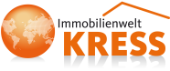 Weltkugel mit Punktmuster und Text "Immobilienwelt KRESS" in orange und schwarz.
