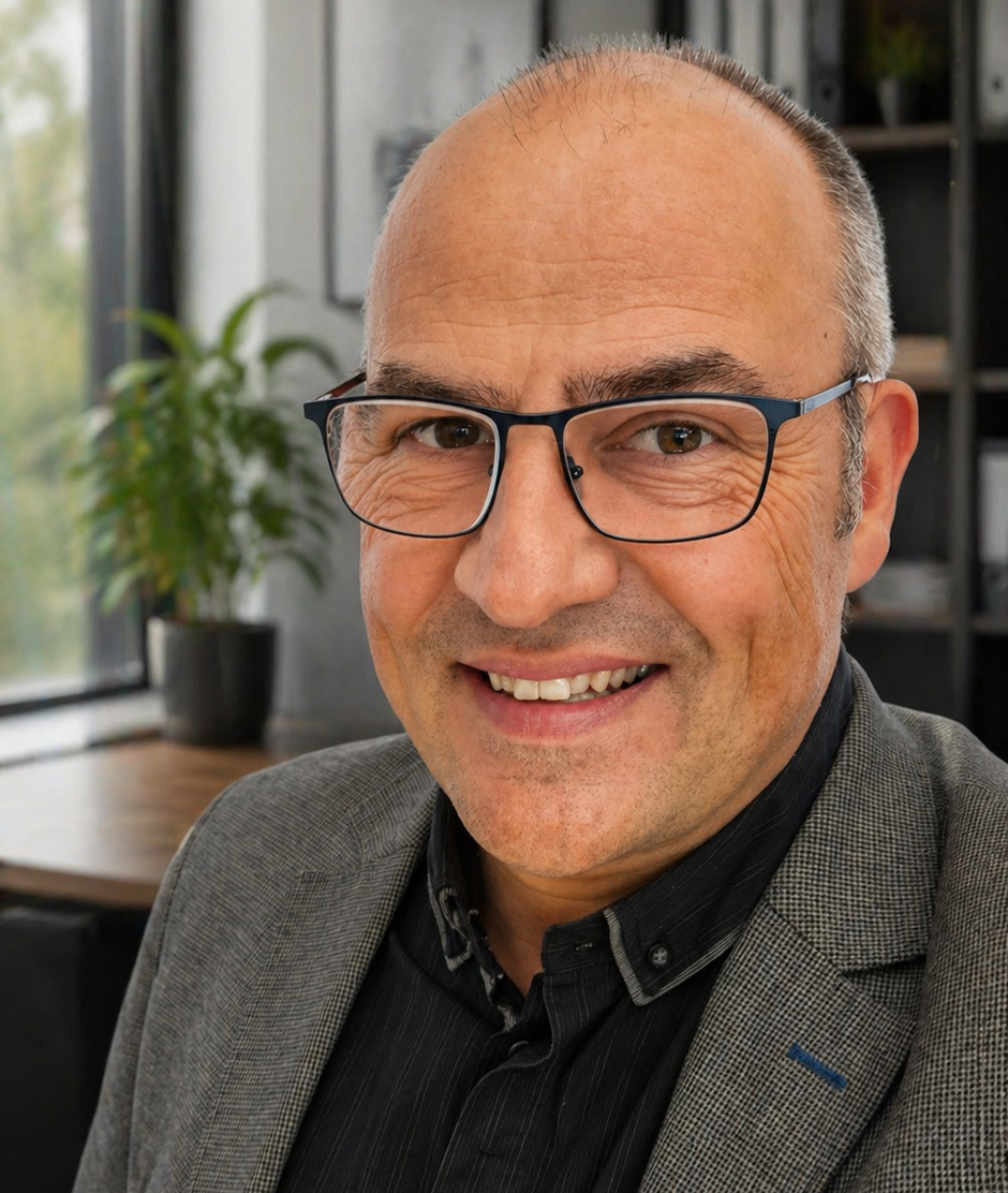 Lächelnder Mann mit Brille in einem modernen Büro.