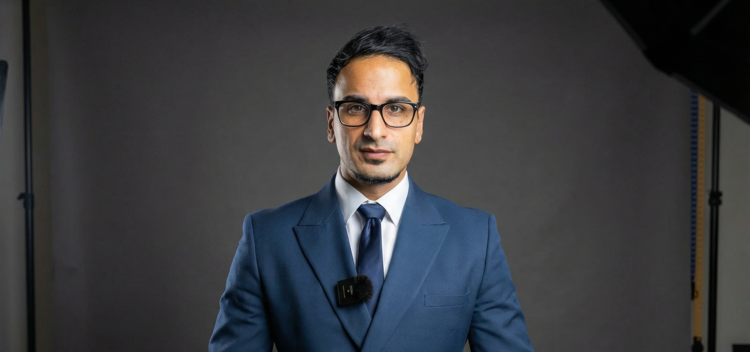 Geschäftsmann in blauer Anzug vor dunklem Hintergrund, professionell fotografiert.