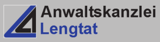 Logo der Anwaltskanzlei Lengtat mit schwarzem und blauen Text auf grauem und blauem Hintergrund