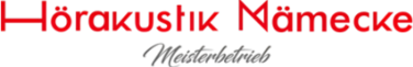 Hörakustik Nämmecke Logo in Rot und Grau auf schwarzem Hintergrund