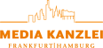 Mediakanzlei-Logo mit einer stilisierten Skyline und dem Text "Media Kanzlei Frankfurt | Hamburg" in orange.