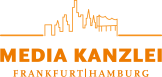 Mediakanzlei-Logo mit einer stilisierten Skyline und dem Text "Media Kanzlei Frankfurt | Hamburg" in orange.