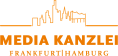 Mediakanzlei-Logo mit einer stilisierten Skyline und dem Text "Media Kanzlei Frankfurt | Hamburg" in orange.