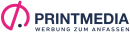 Druckmedien-Logo mit pinkem Symbol und blauer Schriftzug "PRINTMEDIA" und Slogan "WERBUNG ZUM ANFASSEN"
