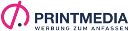 Druckmedien-Logo mit pinkem Symbol und blauer Schriftzug "PRINTMEDIA" und Slogan "WERBUNG ZUM ANFASSEN"