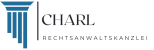 Logo einer Anwaltskanzlei mit einer stilisierten Säule und dem Text "CHARL RECHTSANWALTSKANZLEI".