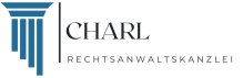 Logo einer Anwaltskanzlei mit einer stilisierten Säule und dem Text "CHARL RECHTSANWALTSKANZLEI".