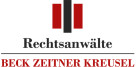Logo mit rotem, schwarzem und rotem Balken über dem Text "Rechtsanwälte" und dem Namen "BECK ZEITNER KREUSEL" in roter Schrift.