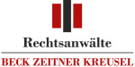 Logo mit rotem, schwarzem und rotem Balken über dem Text "Rechtsanwälte" und dem Namen "BECK ZEITNER KREUSEL" in roter Schrift.