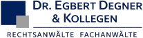 Logo mit blauen und grauen Quadraten und Text "Dr. Egbert Degner & Kollegen Rechtsanwälte Fachanwälte"