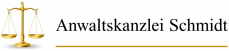 Goldene Waage neben dem Text "Anwaltskanzlei Schmidt" mit goldener Linie darunter.