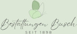 Ein Logo mit einem stilisierten Schmetterling, der in Grüntönen gehalten ist, und dem Text "Bestattungen Busch" sowie "Seit 1898" auf hellgrünem Hintergrund.