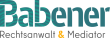 Logo mit dem Text "Babenre" in großen, stilisierten Buchstaben mit Wellenmuster, darunter die Zeile "Rechtsanwalt & Mediator" und "Fachanwalt für Strafrecht" in kleinerer Schrift.
