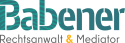 Logo mit dem Text "Babenre" in großen, stilisierten Buchstaben mit Wellenmuster, darunter die Zeile "Rechtsanwalt & Mediator" und "Fachanwalt für Strafrecht" in kleinerer Schrift.