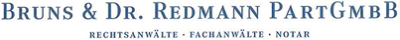 Der Schriftzug "Bruns & Dr. Redmann PartGmbB" mit den Angaben "Rechtsanwälte, Fachanwälte, Notar".