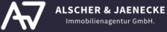 Logo der Immobilienagentur Alscher & Jaenecke GmbH mit schwarzem Hintergrund und weißem Text.