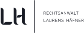 Logo des Rechtsanwalts Laurens Häfner mit stilisierten Buchstaben und Text in Schwarz auf weißem Hintergrund