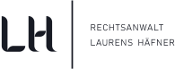 Logo des Rechtsanwalts Laurens Häfner mit stilisierten Buchstaben und Text in Schwarz auf weißem Hintergrund