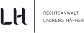 Logo des Rechtsanwalts Laurens Häfner mit stilisierten Buchstaben und Text in Schwarz auf weißem Hintergrund