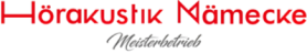 Hörakustik Mämecke Logo mit rotem Schriftzug und Untertitel "Meisterbetrieb"