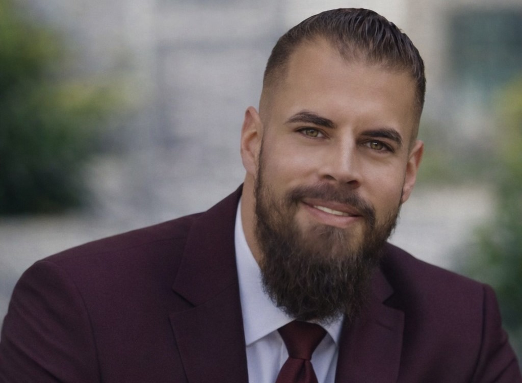 Porträt eines Mannes in einem dunklen Anzug mit Krawatte, sitzend im Freien.