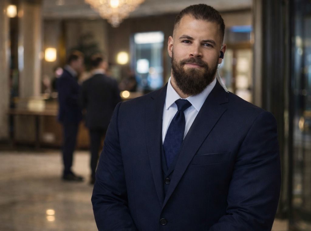 Mann in formeller dunkler Anzug mit Krawatte, der in einem Hotel oder Konferenzraum steht.