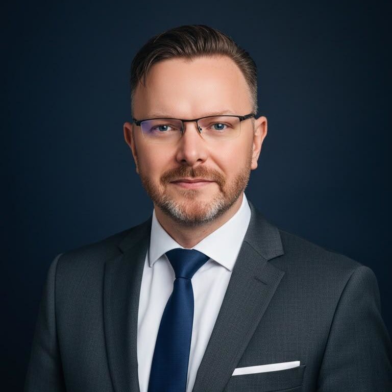 Geschäftsmann in Anzug mit Brille vor dunklem Hintergrund