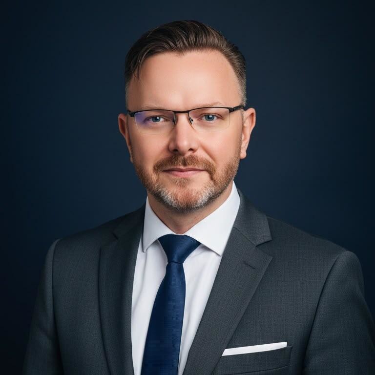 Geschäftsmann in Anzug mit Brille vor dunklem Hintergrund