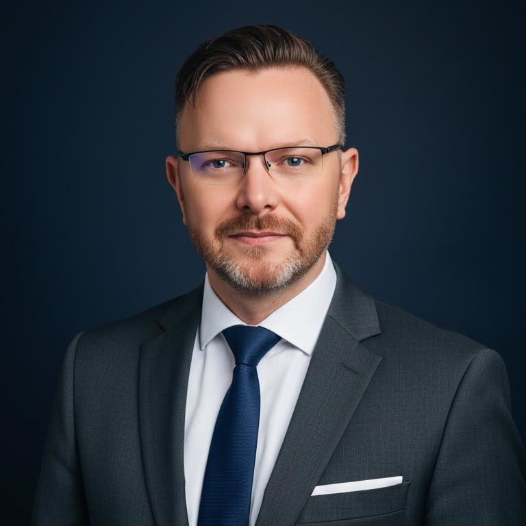 Geschäftsmann in Anzug mit Brille vor dunklem Hintergrund