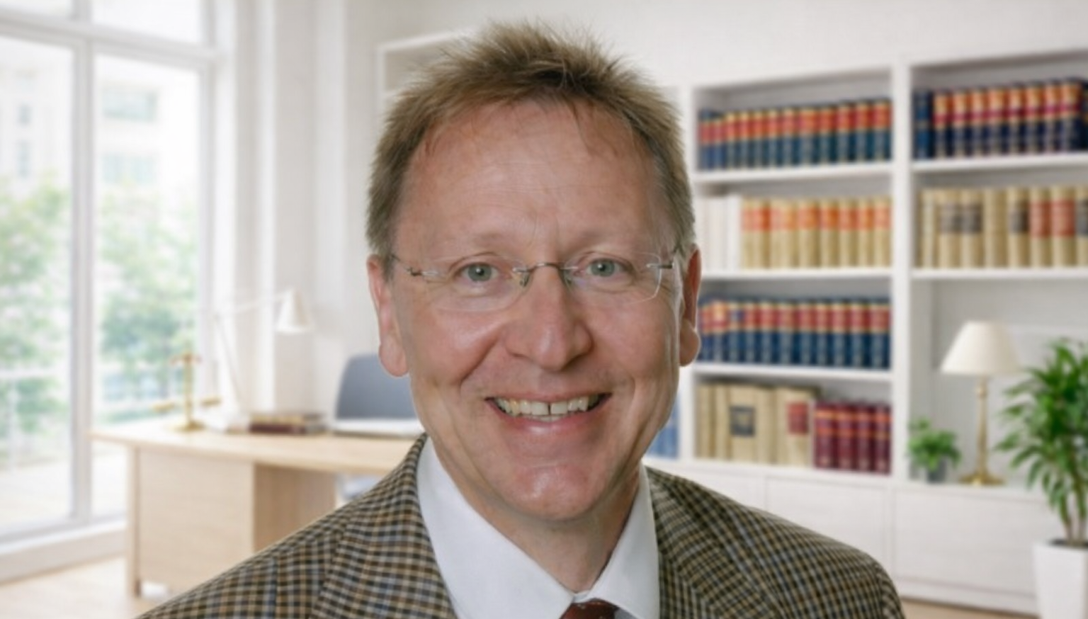 Lächelnder Mann in Anzug vor Bücherregal in einem Büro.