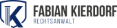 Logo mit dem Text "Fabian Kierdorf Rechtsanwalt" in Schwarz und Blau