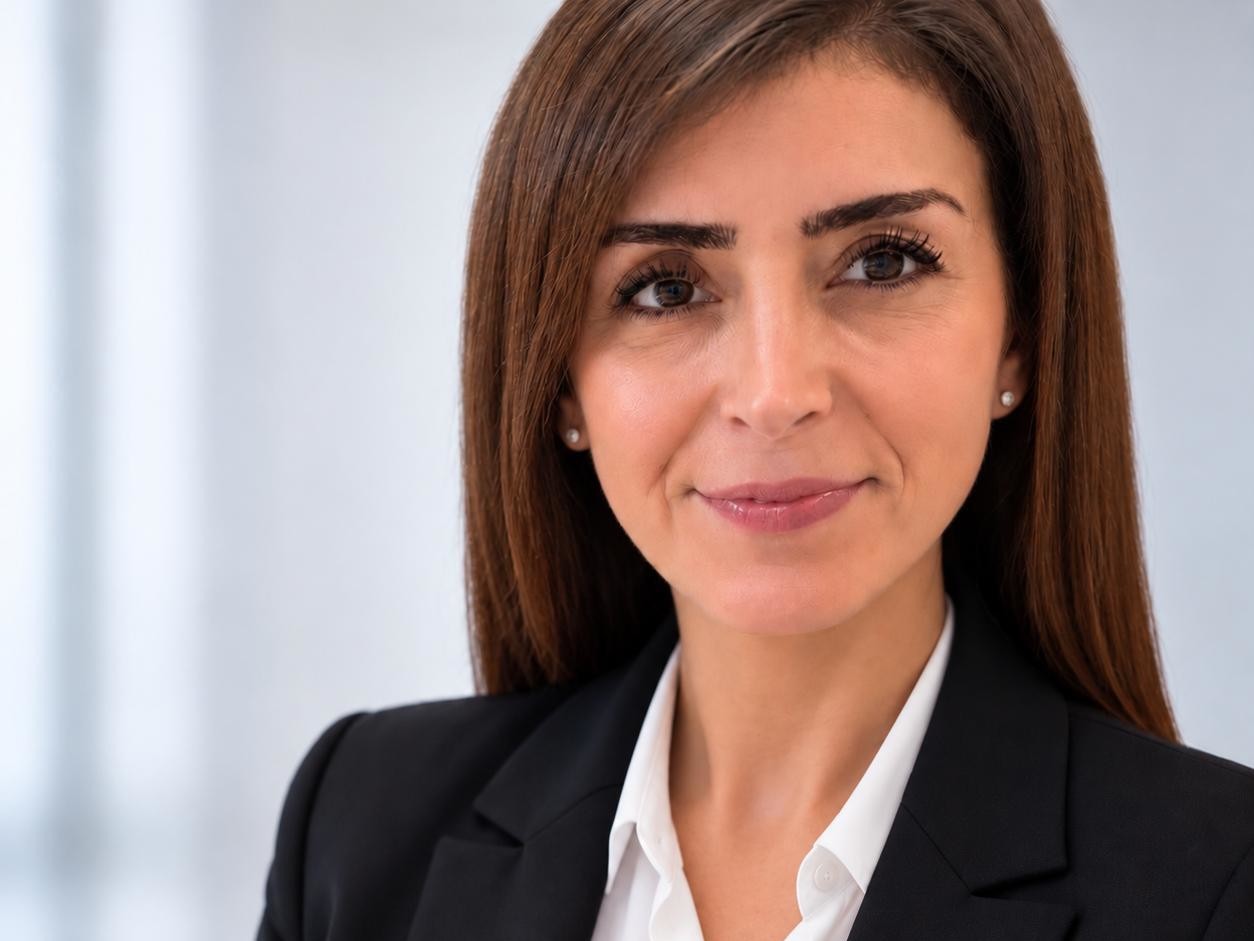 Porträt einer professionellen Frau in formeller Kleidung, lächelnd, vor hellem Hintergrund.