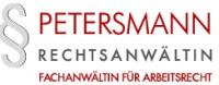 Logo mit dem Text "Petersmann Rechtsanwälte Fachanwältin für Arbeitsrecht" in Rot und Grau.