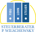 Grafik eines Tresors mit den Bezeichnungen FIBU, LOHN und STEUER, darunter der Text "STEUERBERATER P. WILSCHEWSKY"
