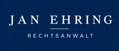 Logo mit dem Text "Jan Ehring" und "Rechtsanwalt" auf dunkelblauem Hintergrund.