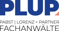 Logo mit dem Text "PLUP" in großen blauen Buchstaben und darunter "PABST | LORENZ + PARTNER" sowie "FACHANWÄLTE" in schwarzer Schrift.