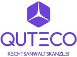 Logo der Rechtsanwaltskanzlei QUTECO mit einem blauen geometrischen Symbol und dem Namen in lila Schrift.