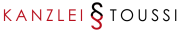 Der Logo-Entwurf für "Kanzlei Toussi" mit rotem und schwarzem Design, das den Namen und ein stilisiertes Symbol kombiniert.