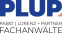 Logo mit dem Text "PLUP" in großen blauen Buchstaben und darunter "PABST | LORENZ + PARTNER" sowie "FACHANWÄLTE" in schwarzer Schrift.