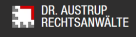 Logo mit schwarzem Hintergrund, weißem Text "DR. AUSTUP RECHTSANWÄLTE" und einem pixelartigen roten und weißen Symbol.