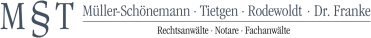 Logo einer Anwaltskanzlei mit den Namen Müller-Schönemann, Tietgen, Rodewoldt, Dr. Franke und den Fachgebieten Rechtsanwälte, Notare, Fachanwälte.