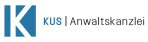 Logo der KUS Anwaltskanzlei mit blauer K-Form und schwarzem Text