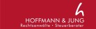 Hoffmann & Jung, Rechtsanwälte und Steuerberater, auf rotem Hintergrund.