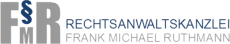 Rechtsanwaltskanzlei-Logo mit den Buchstaben "FMR" und dem Namen "Frank Michael Ruthmann" in blauer und grauer Schrift.