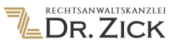 Ein stilisiertes Logo mit einem goldenen, geschwungenen Symbol neben dem schwarzen Text "RECHTANWALTSKANZLEI DR. ZICK".