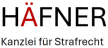 Logo mit dem Text "HÄFNER Kanzlei für Strafrecht" in Schwarz, mit rotem Akzent auf dem Buchstaben "Ä".
