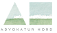 Ein Logo mit einem grünen, blauen und weißen Wasserfarben-Hintergrund, bestehend aus einem Dreieck und einem Quadrat, darunter der Schriftzug "ADVOKATUR NORD".