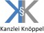 Logo der Kanzlei Knöppel mit blauen und grauen Buchstaben K, K, und einem Paragraphen-Symbol in der Mitte.